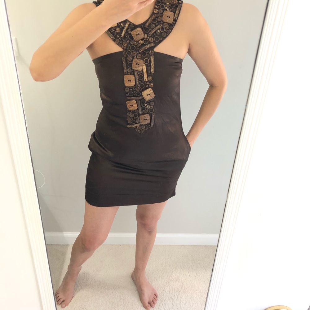 Gorgeous LaRok halter off shoulder studded chocolate satin dress with pockets